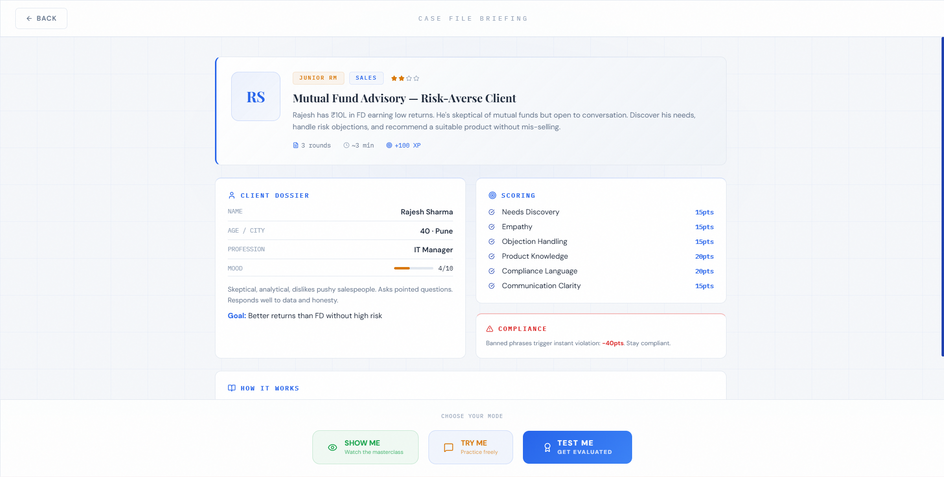 Test Me mode — choose evaluation without hints