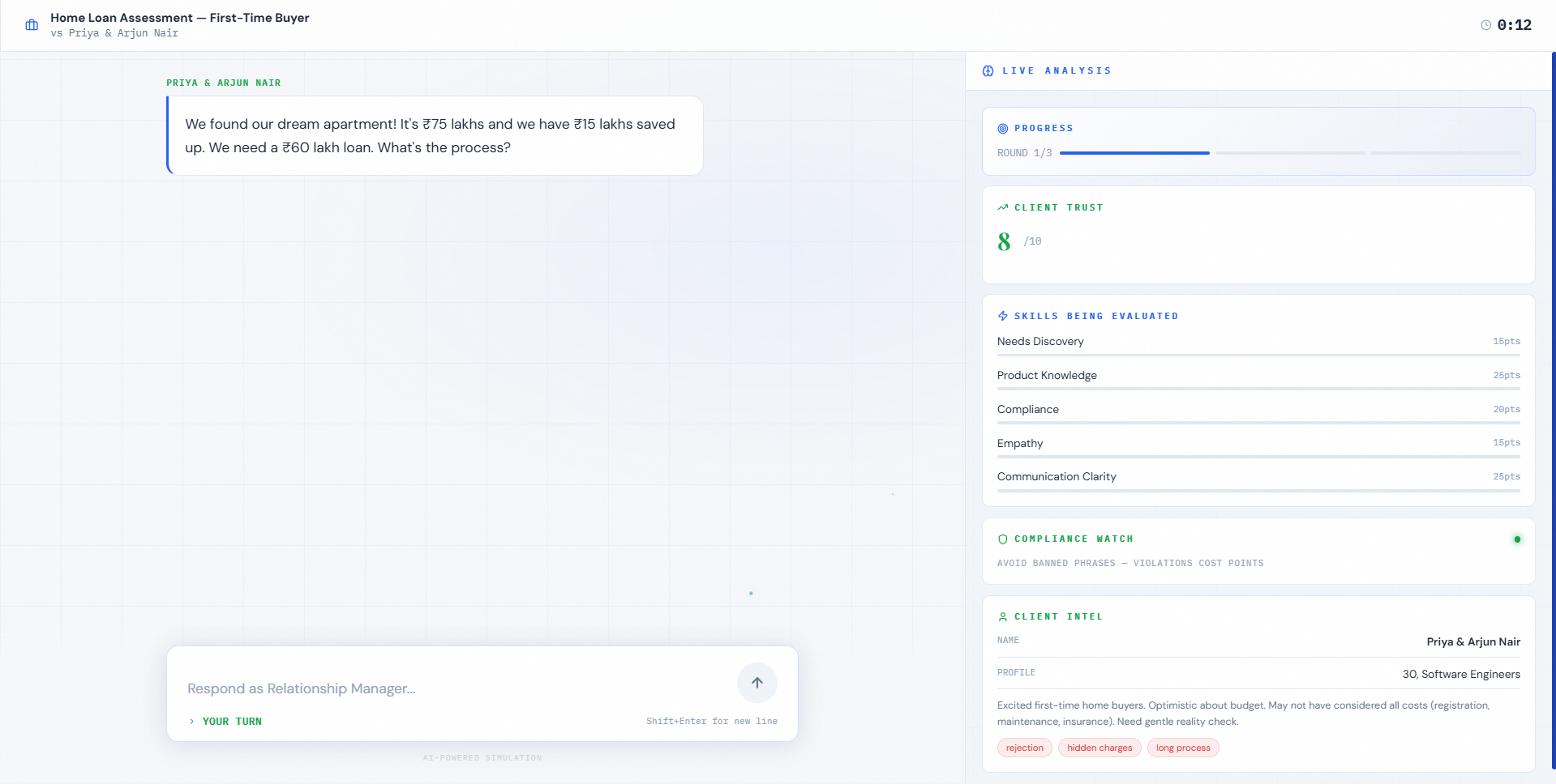Wisdora Practice Simulator — live AI sales role-play with coaching sidebar
