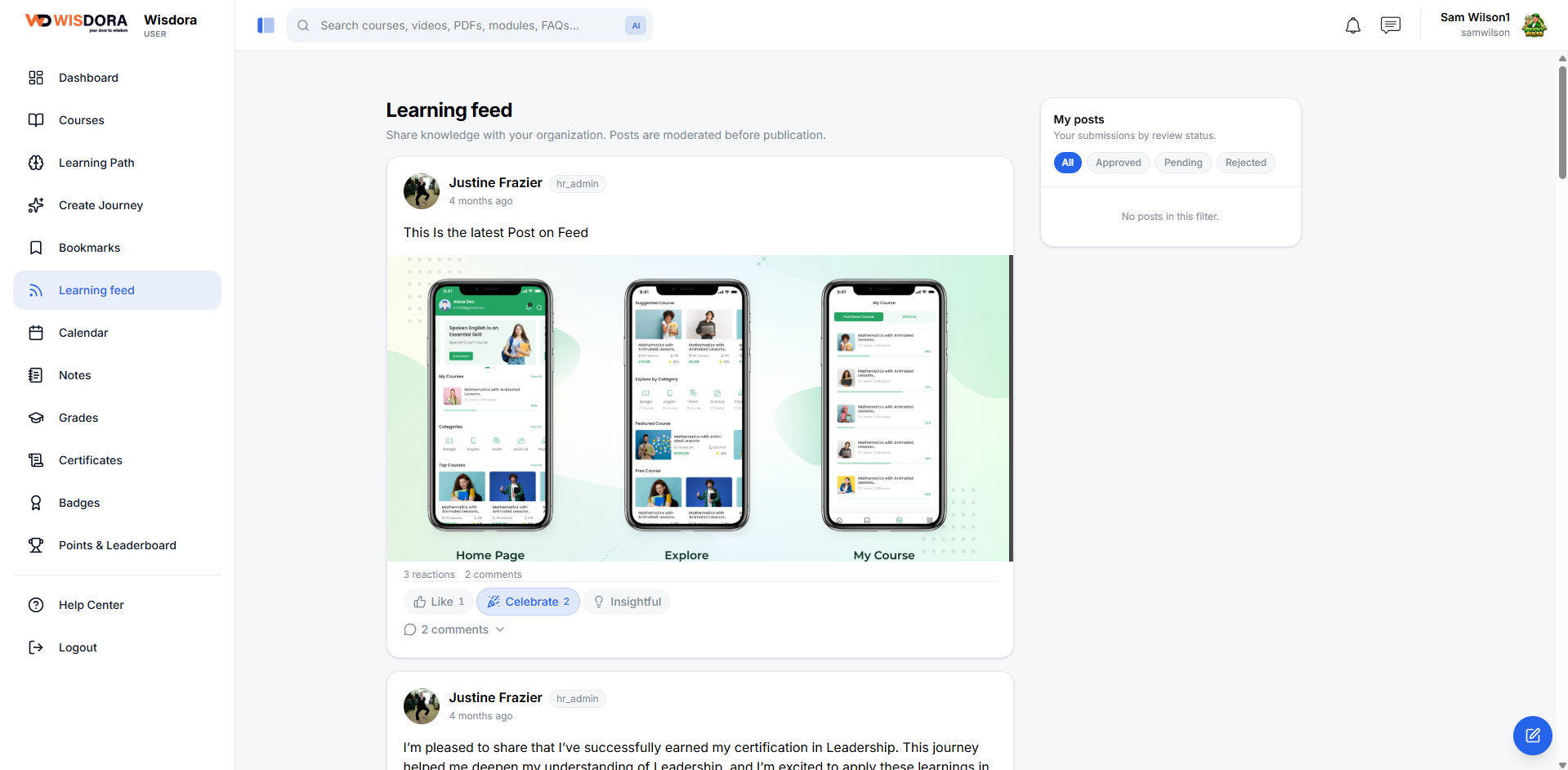 Wisdora LMS learning feed with social posts and mobile app previews